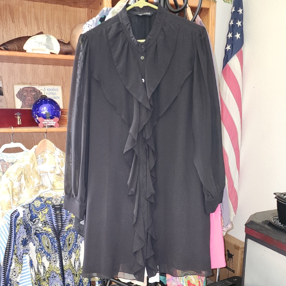 Dialogue Classic Black Ruffle Front Tunic Top Blouse Sheet Sleeves Body Lined